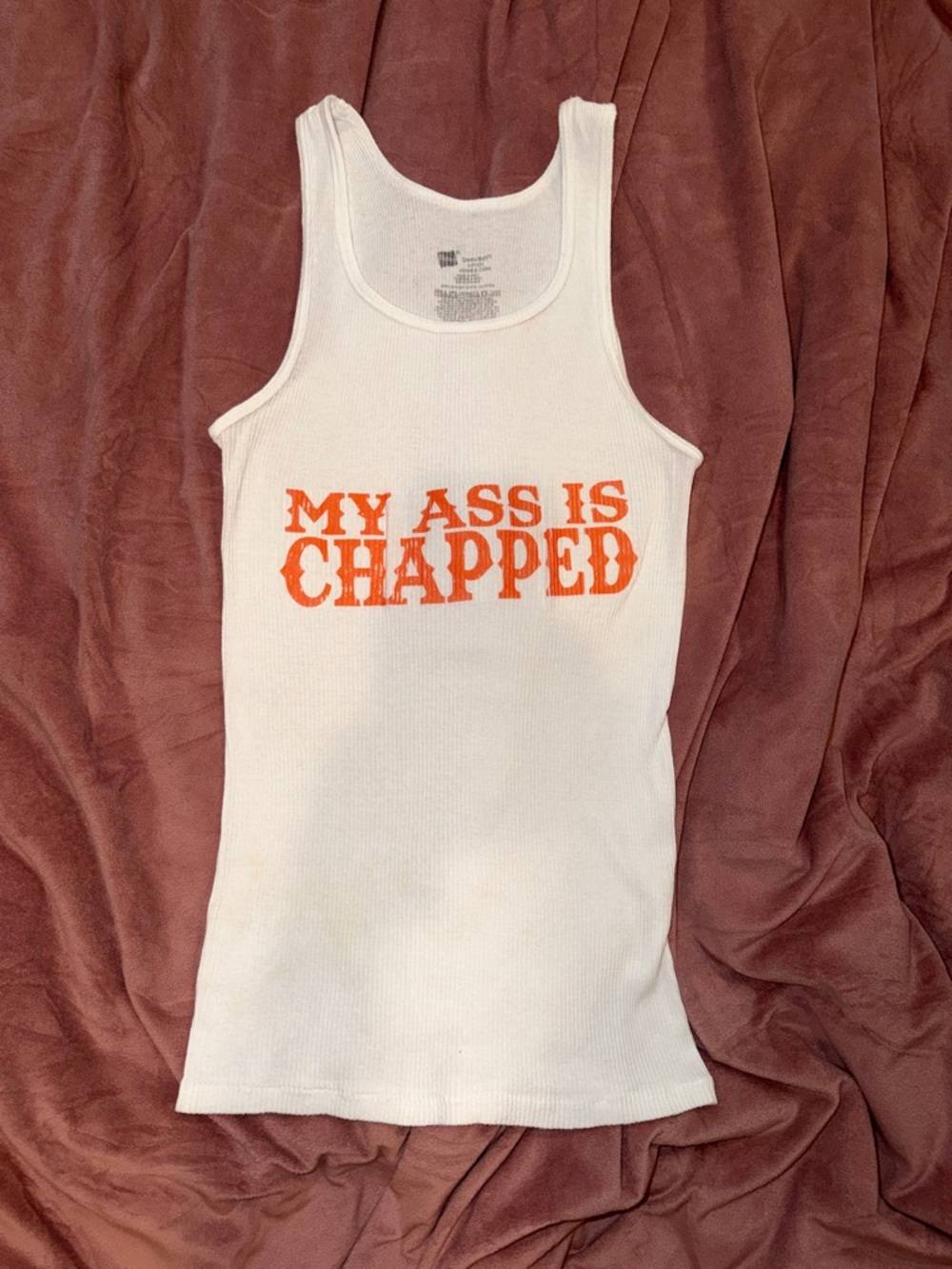 White Ribbed Tank with Orange Graphic Text